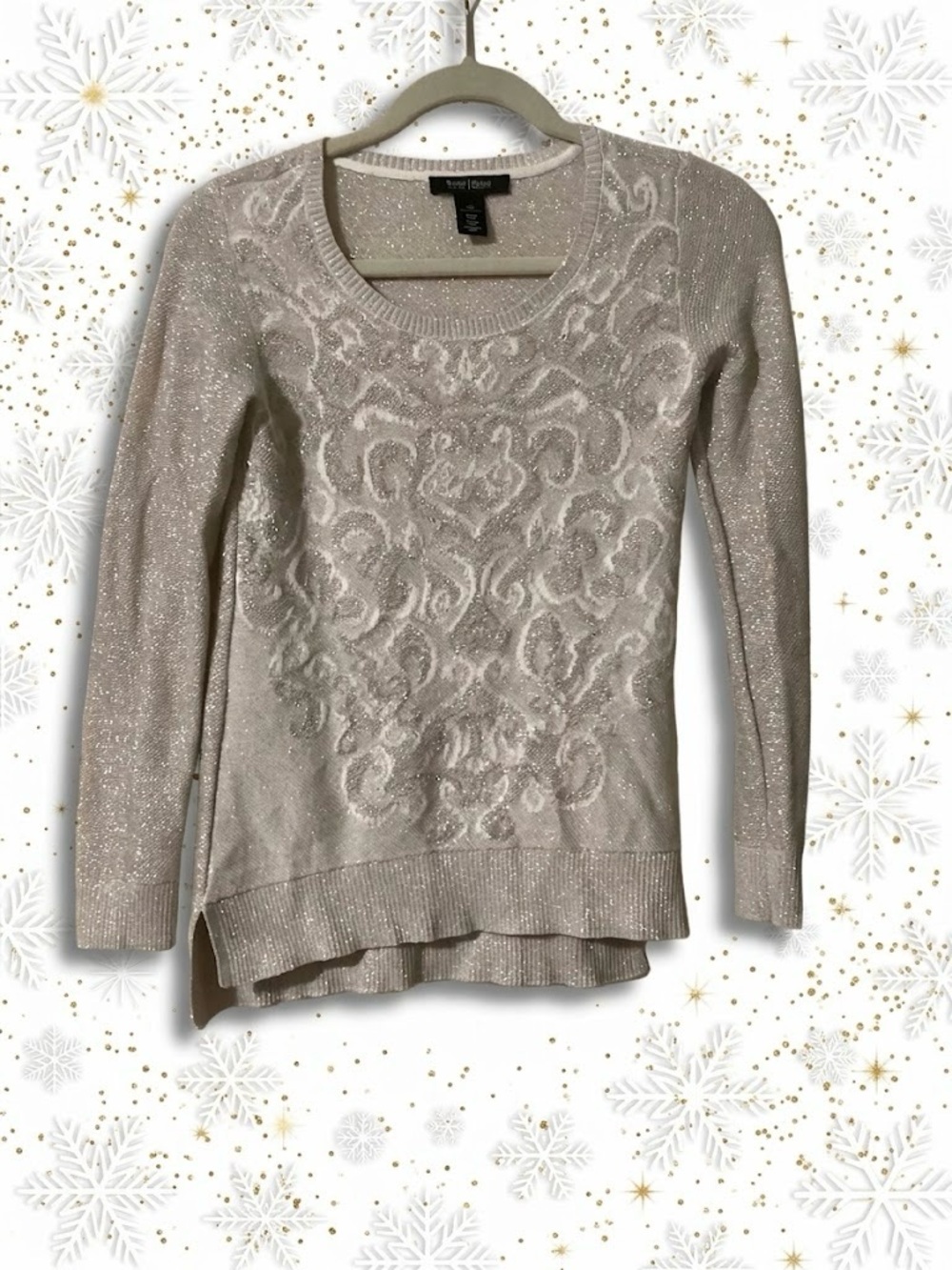 White House Black Market Silver Glitter Damask Sweater